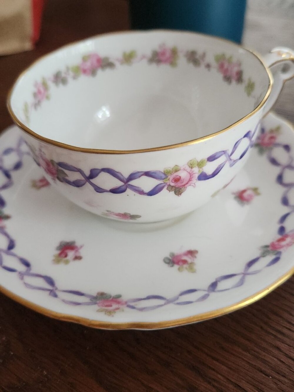 Royal Crown Derby Pink Rose Purple Ribbon Cup And Saucer Bone China 8278 England